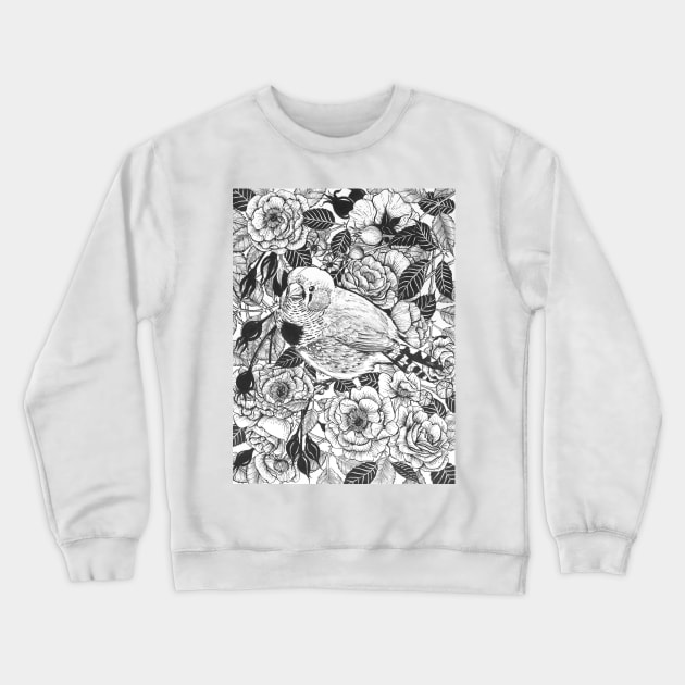 Zebra finch and rose bush ink drawing Crewneck Sweatshirt by katerinamk